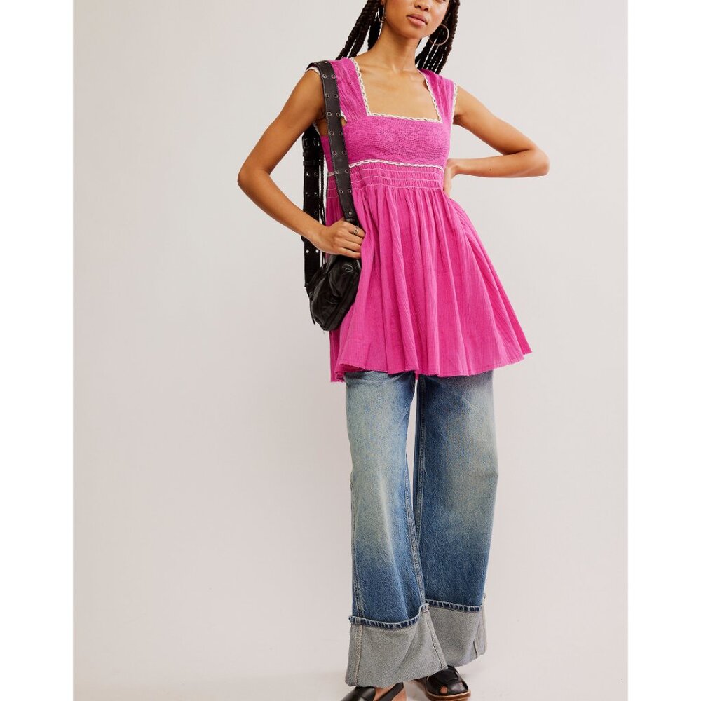 Free People Fuchsia Pink Lace-Trim Mini Babydoll Top